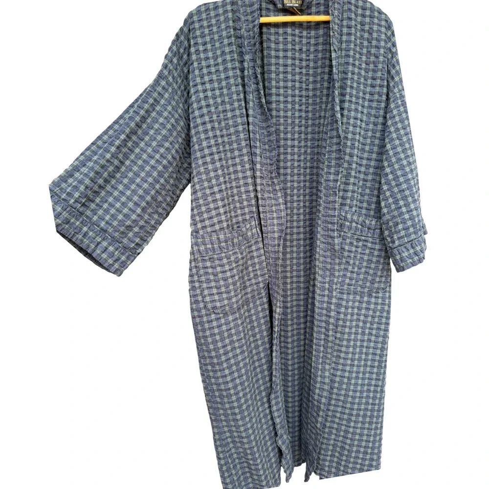 Bill Blass Black Label Men Robe Blue Green Plaid Seersucker Cotton Lounge Wrap